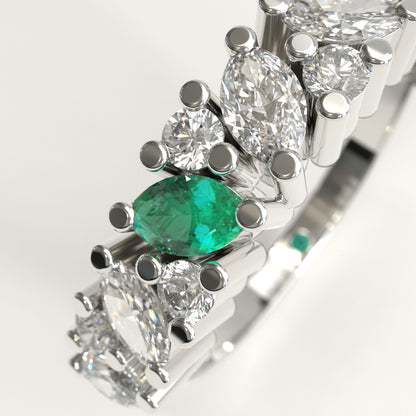 Flourish Ring in 18k white gold — Colombian emerald and marquise diamond band, 1Em Collection by GOHI zoom