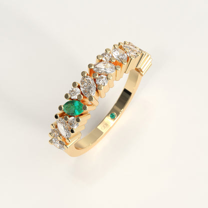 Flourish Ring in 18k yellow gold — Colombian emerald and marquise diamond band, 1Em Collection by GOHI stand