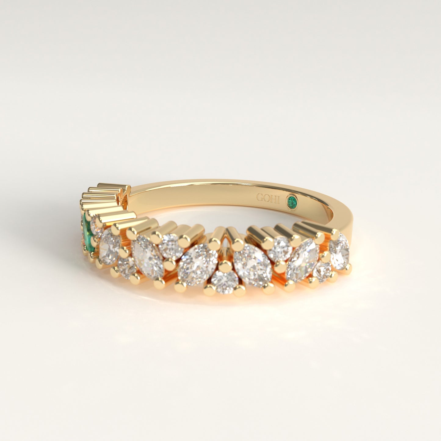 Flourish Ring in 18k yellow gold — Colombian emerald and marquise diamond band, 1Em Collection by GOHI lateral