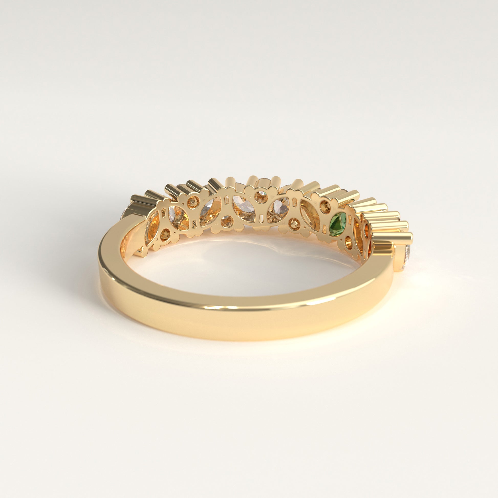 Flourish Ring in 18k yellow gold — Colombian emerald and marquise diamond band, 1Em Collection by GOHI back