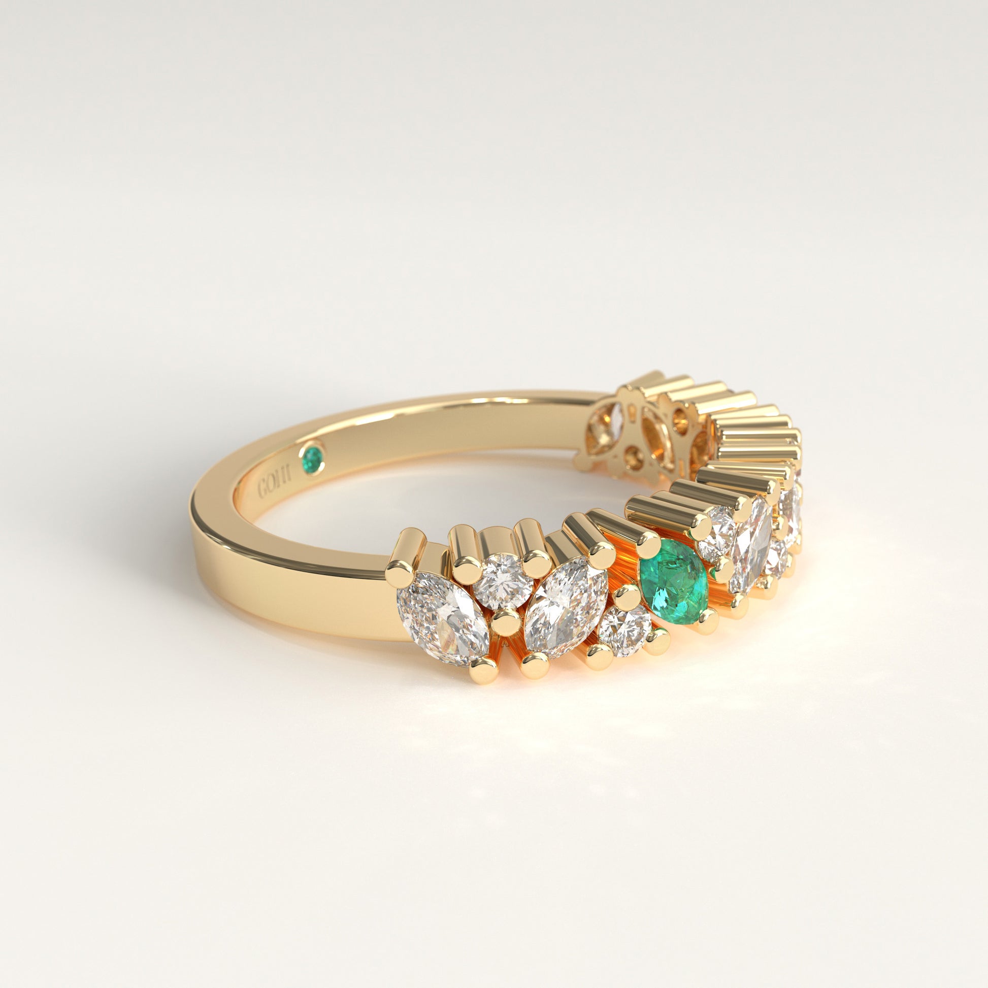 Flourish Ring in 18k yellow gold — Colombian emerald and marquise diamond band, 1Em Collection by GOHI lateral 2