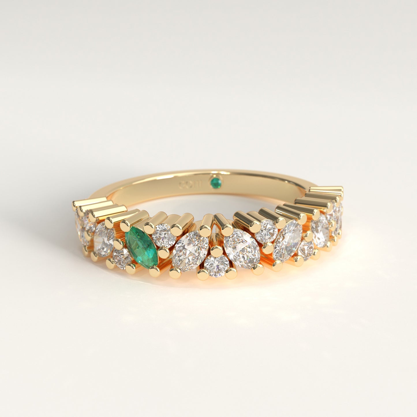 Flourish Ring in 18k yellow gold — Colombian emerald and marquise diamond band, 1Em Collection by GOHI front