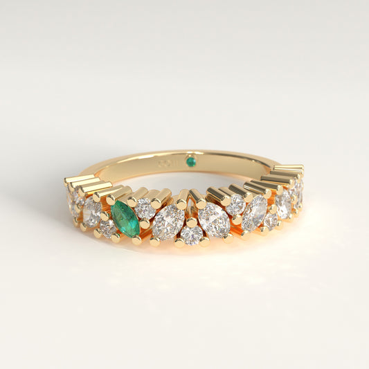 Flourish Ring in 18k yellow gold — Colombian emerald and marquise diamond band, 1Em Collection by GOHI front