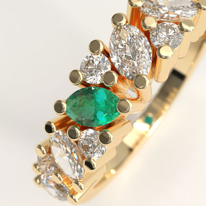 Flourish Ring in 18k yellow gold — Colombian emerald and marquise diamond band, 1Em Collection by GOHI zoom