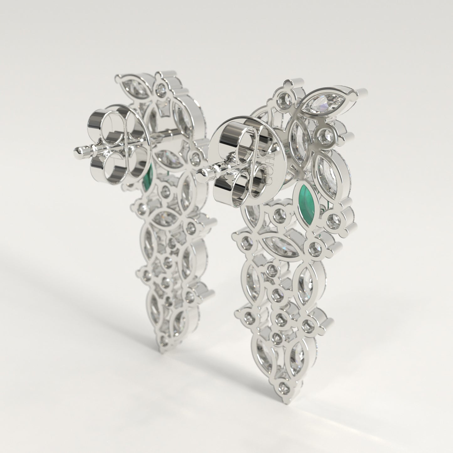 Garland Earrings in 18k white gold — Colombian emerald and marquise diamond chandelier earrings, 1Em Collection by GOHI back