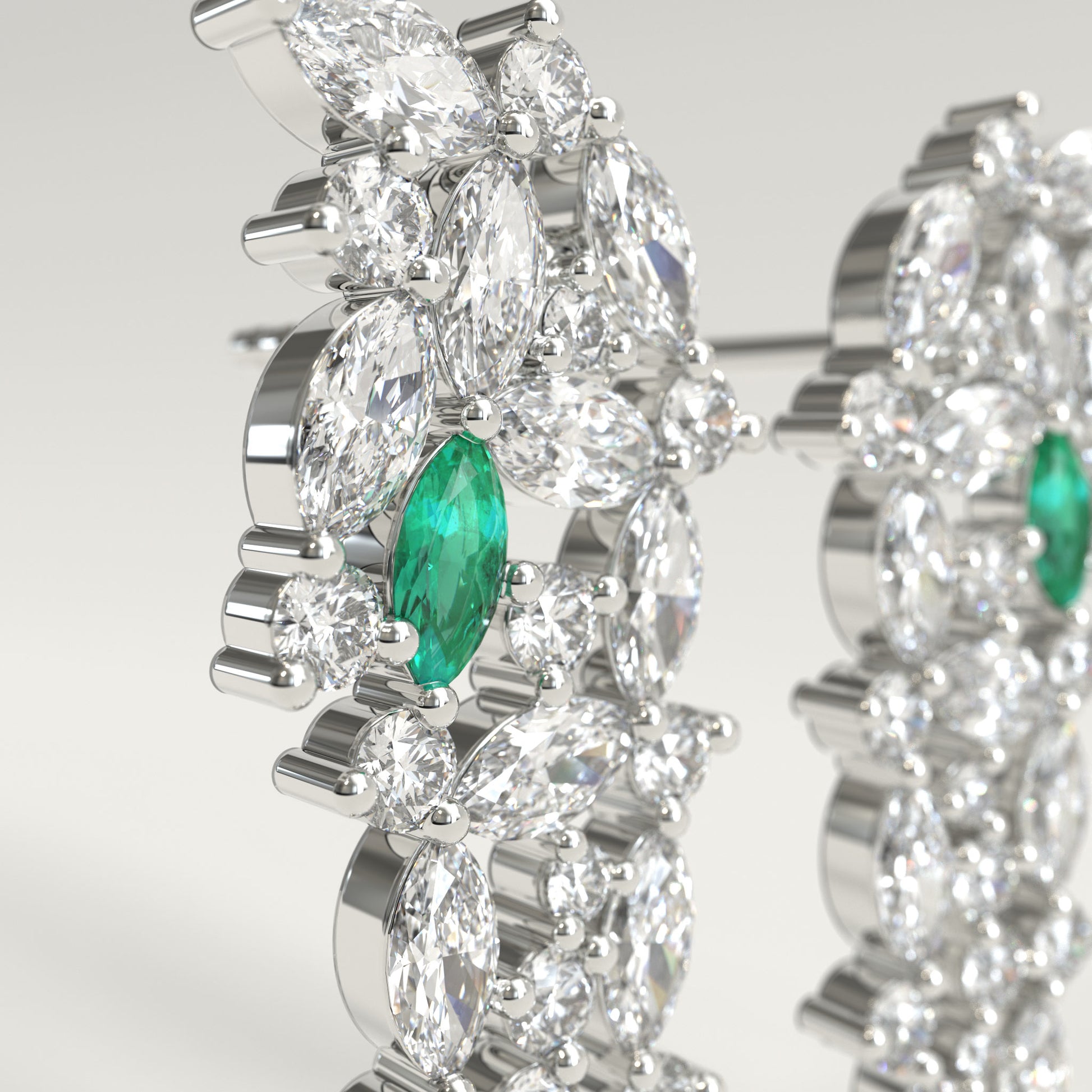 Garland Earrings in 18k white gold — Colombian emerald and marquise diamond chandelier earrings, 1Em Collection by GOHI close up
