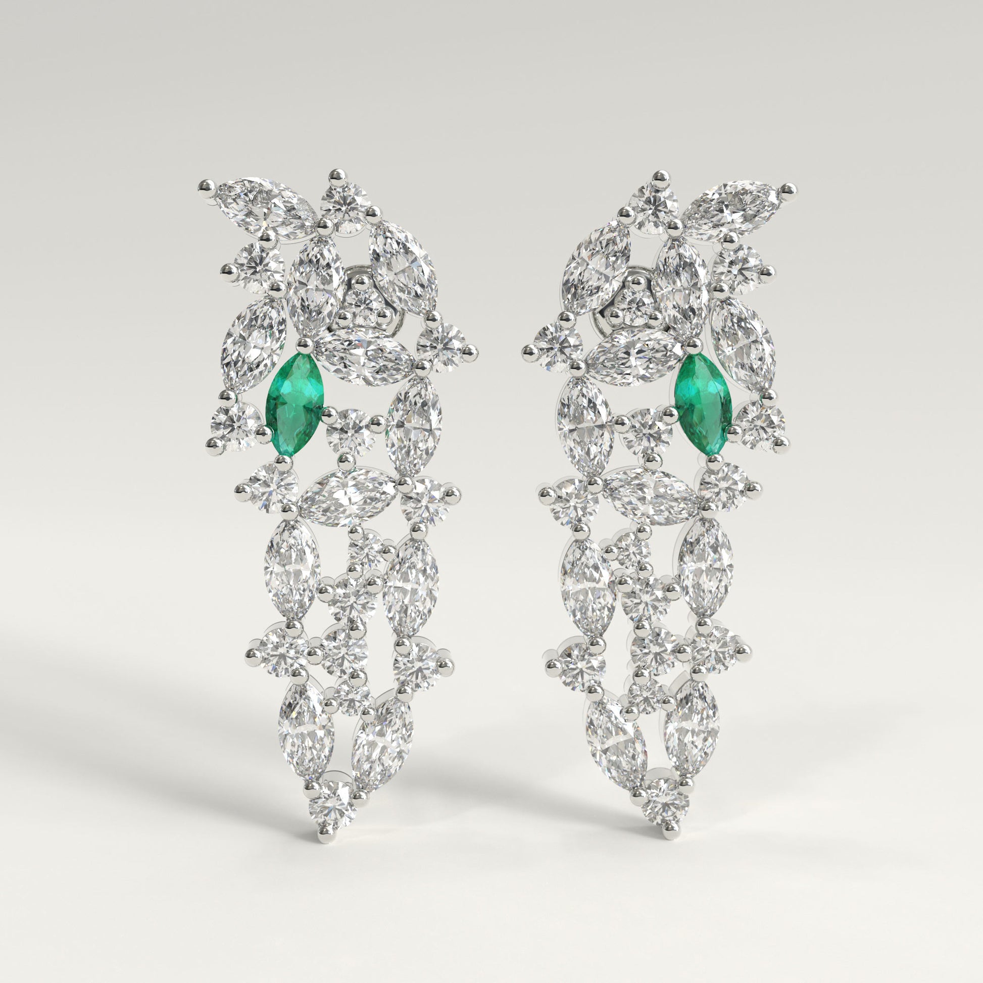 Garland Earrings in 18k white gold — Colombian emerald and marquise diamond chandelier earrings, 1Em Collection by GOHI