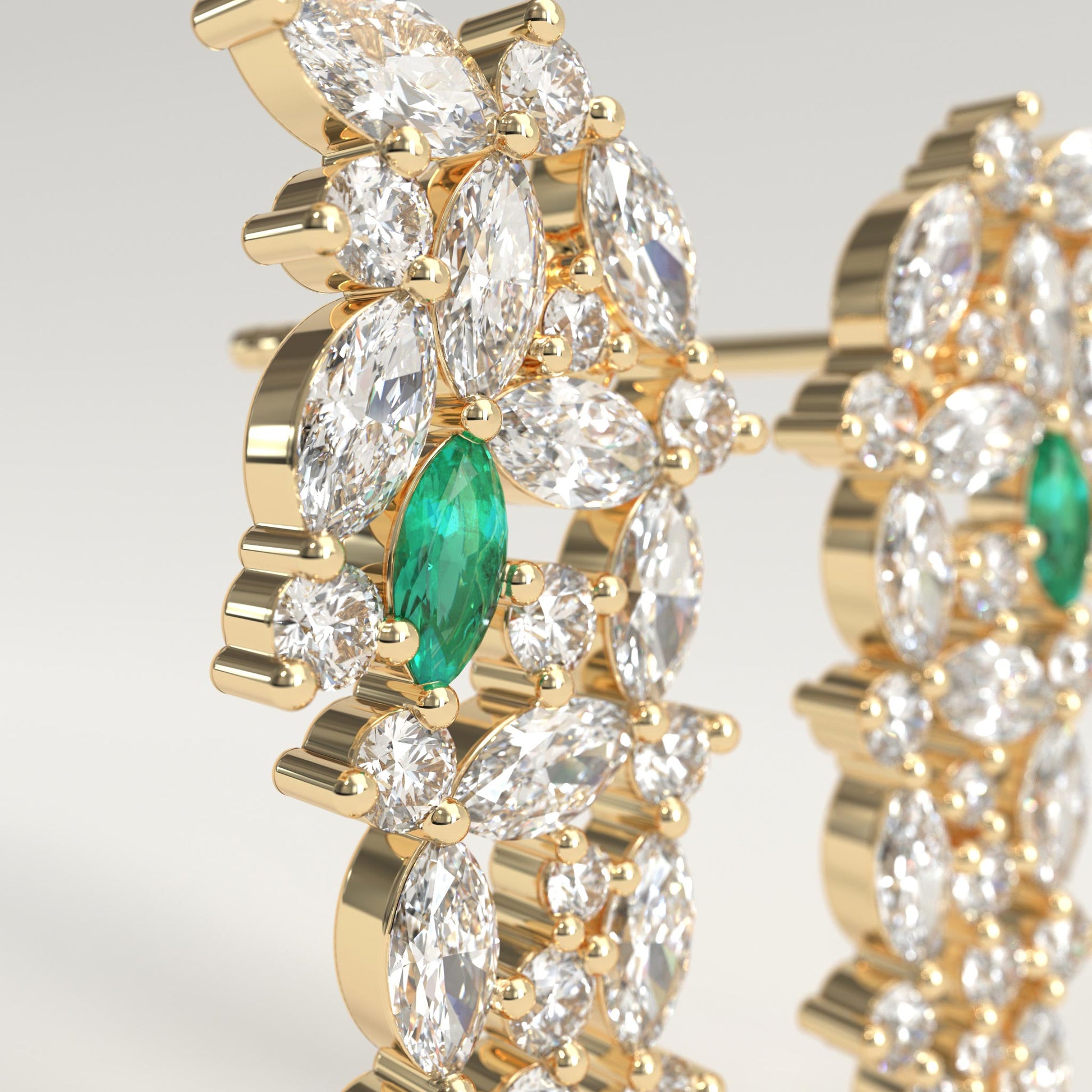 Garland Earrings in 18k yellow gold — Colombian emerald and marquise diamond chandelier earrings, 1Em Collection by GOHI close up