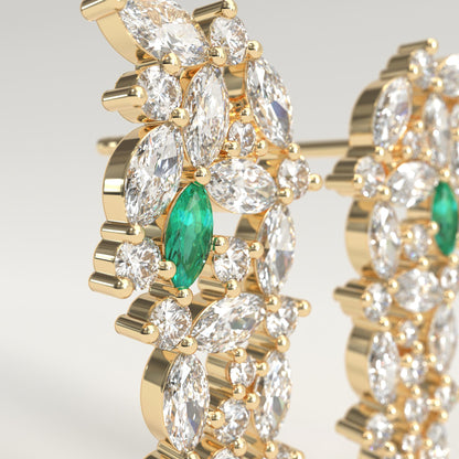 Garland Earrings in 18k yellow gold — Colombian emerald and marquise diamond chandelier earrings, 1Em Collection by GOHI close up