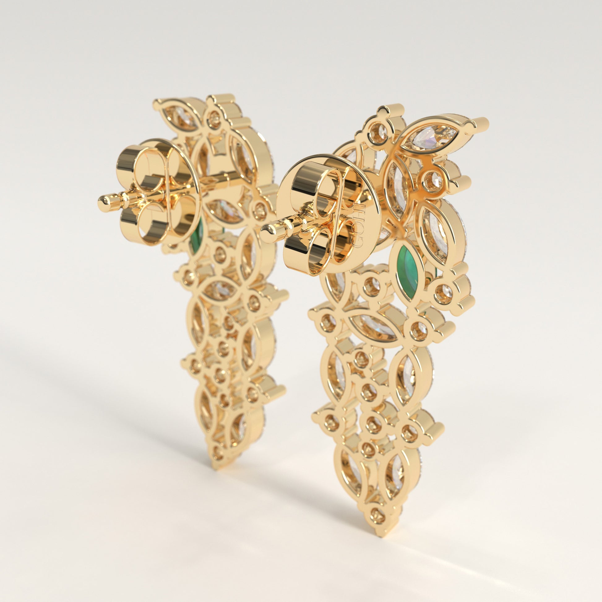 Garland Earrings in 18k yellow gold — Colombian emerald and marquise diamond chandelier earrings, 1Em Collection by GOHI back
