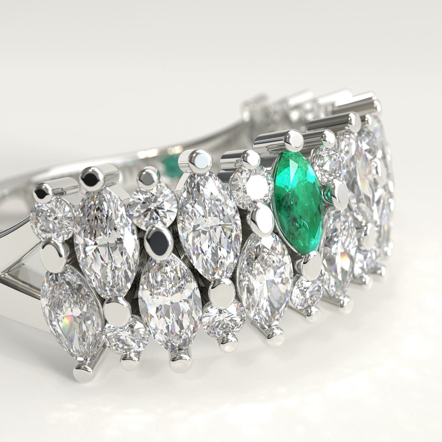 Garland Ring in 18k white gold — Colombian emerald and double row marquise diamond band, 1Em Collection by GOHI zoom