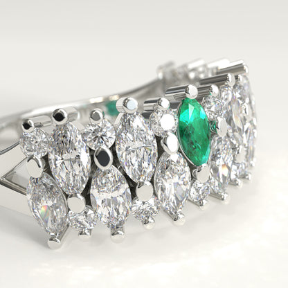 Garland Ring in 18k white gold — Colombian emerald and double row marquise diamond band, 1Em Collection by GOHI zoom