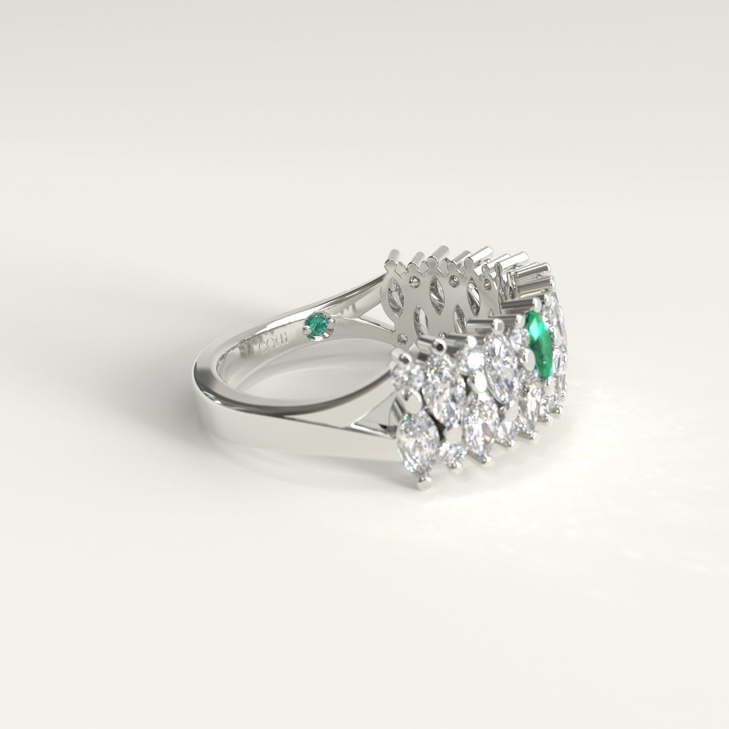 Garland Ring in 18k white gold — Colombian emerald and double row marquise diamond band, 1Em Collection by GOHI lateral