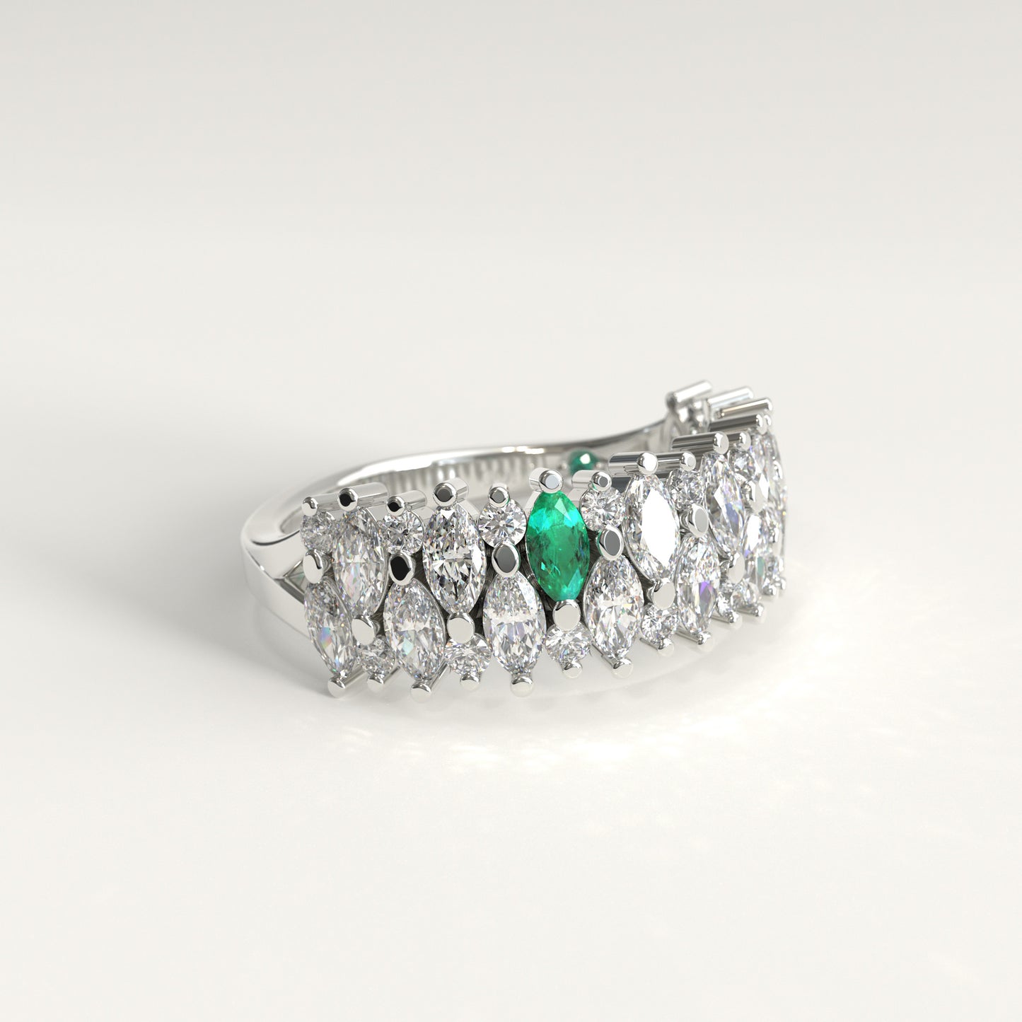Garland Ring in 18k white gold — Colombian emerald and double row marquise diamond band, 1Em Collection by GOHI lat