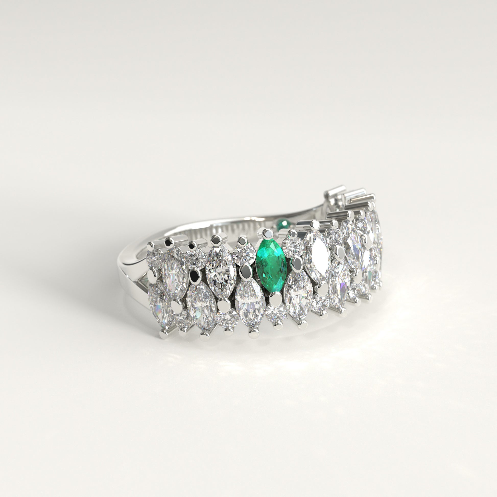 Garland Ring in 18k white gold — Colombian emerald and double row marquise diamond band, 1Em Collection by GOHI lat
