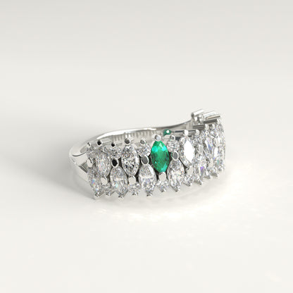 Garland Ring in 18k white gold — Colombian emerald and double row marquise diamond band, 1Em Collection by GOHI lat