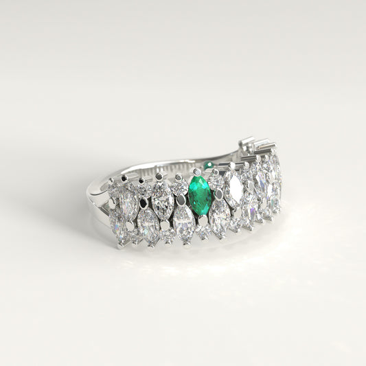 Garland Ring in 18k white gold — Colombian emerald and double row marquise diamond band, 1Em Collection by GOHI lat