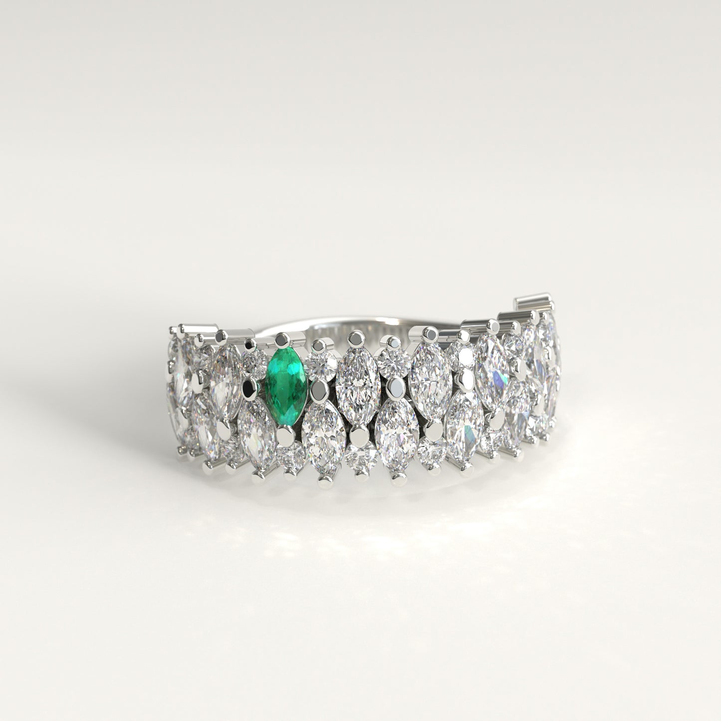 Garland Ring in 18k white gold — Colombian emerald and double row marquise diamond band, 1Em Collection by GOHI