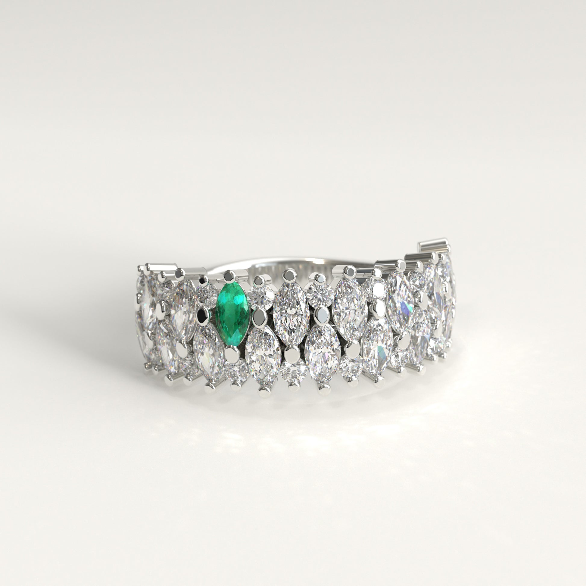Garland Ring in 18k white gold — Colombian emerald and double row marquise diamond band, 1Em Collection by GOHI