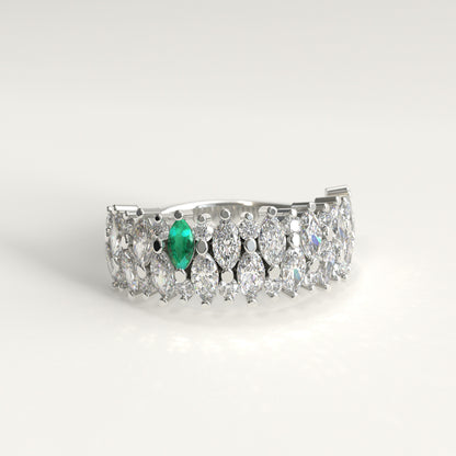 Garland Ring in 18k white gold — Colombian emerald and double row marquise diamond band, 1Em Collection by GOHI