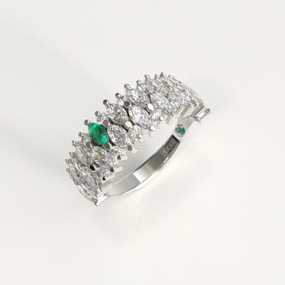 Garland Ring in 18k white gold — Colombian emerald and double row marquise diamond band, 1Em Collection by GOHI stand