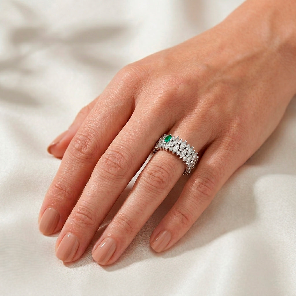 Garland Ring in 18k white gold — Colombian emerald and double row marquise diamond band, 1Em Collection by GOHI ring on