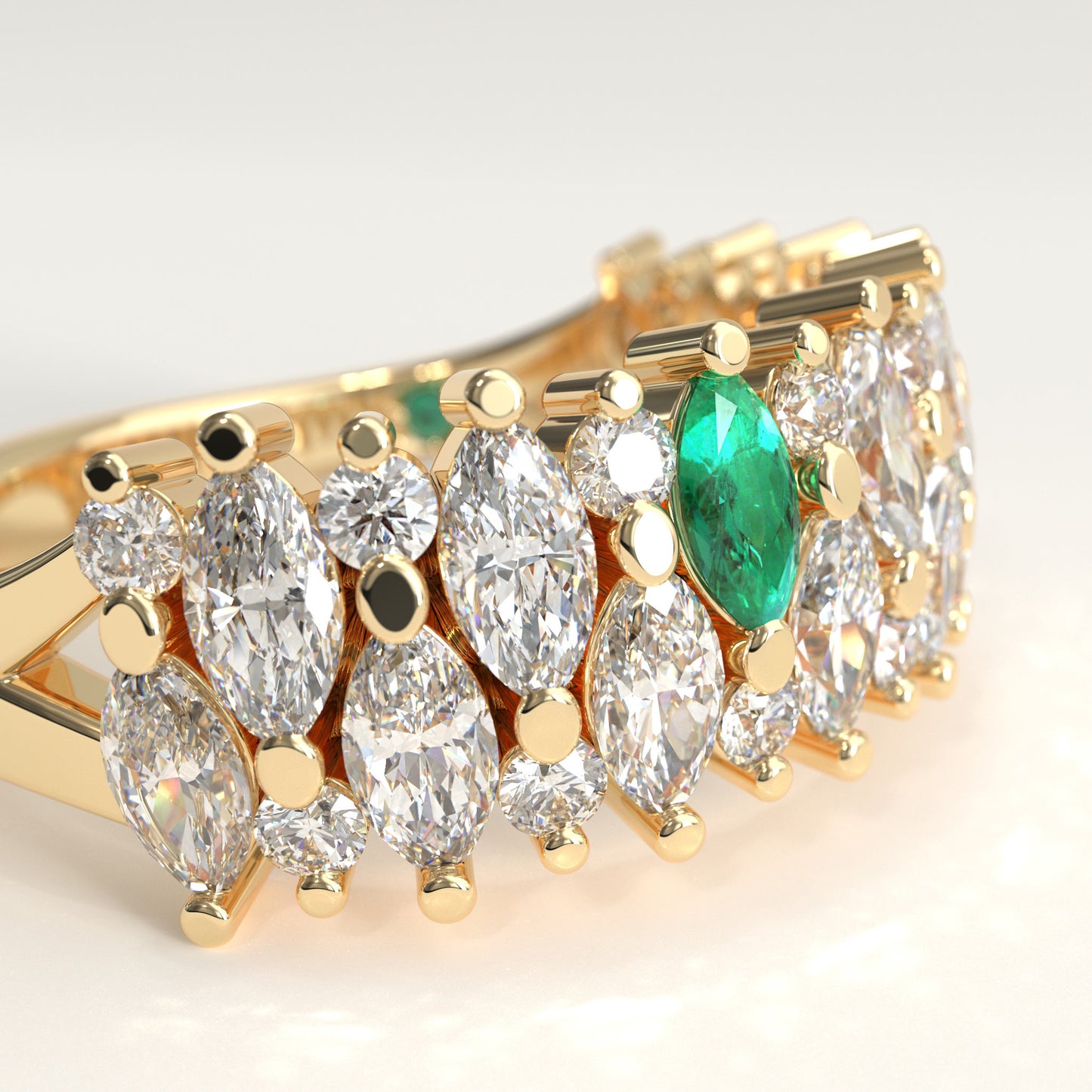 Garland Ring in 18k yellow gold — Colombian emerald and double row marquise diamond band, 1Em Collection by GOHI zoom