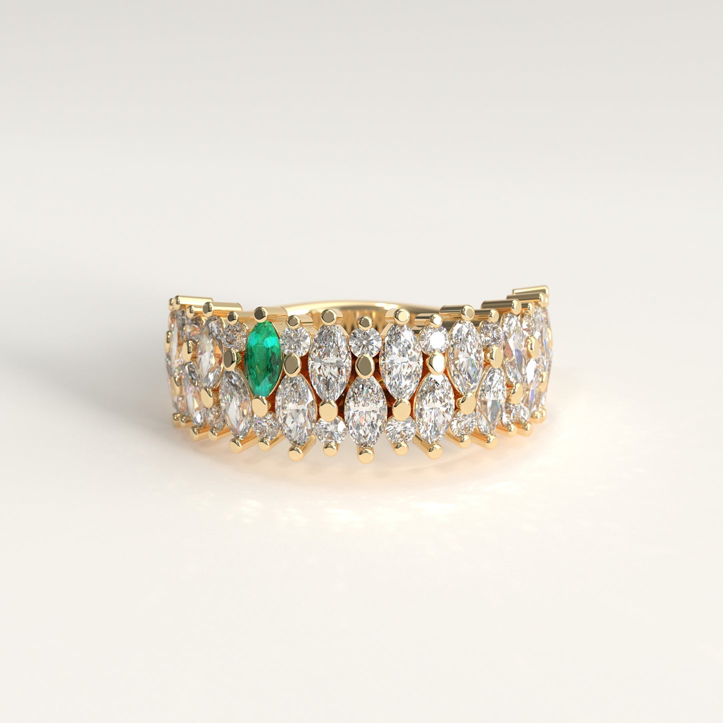Garland Ring in 18k yellow gold — Colombian emerald and double row marquise diamond band, 1Em Collection by GOHI