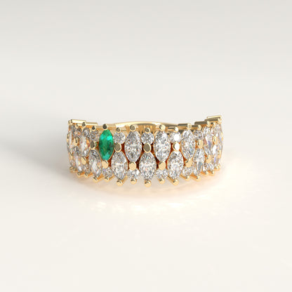 Garland Ring in 18k yellow gold — Colombian emerald and double row marquise diamond band, 1Em Collection by GOHI