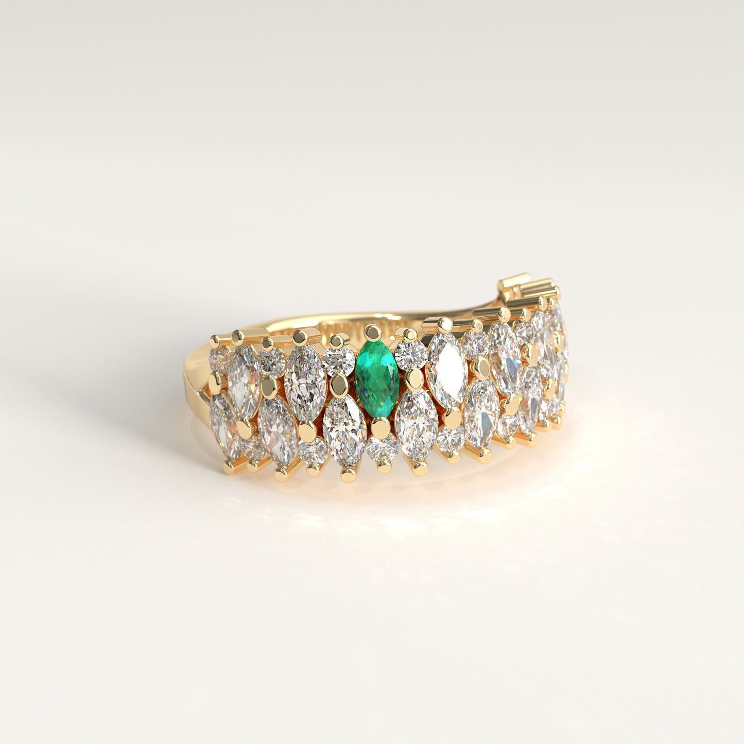 Garland Ring in 18k yellow gold — Colombian emerald and double row marquise diamond band, 1Em Collection by GOHI lateral