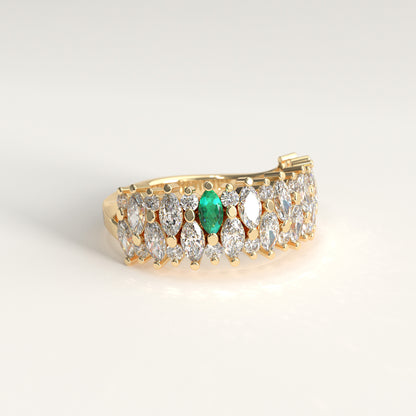 Garland Ring in 18k yellow gold — Colombian emerald and double row marquise diamond band, 1Em Collection by GOHI lateral