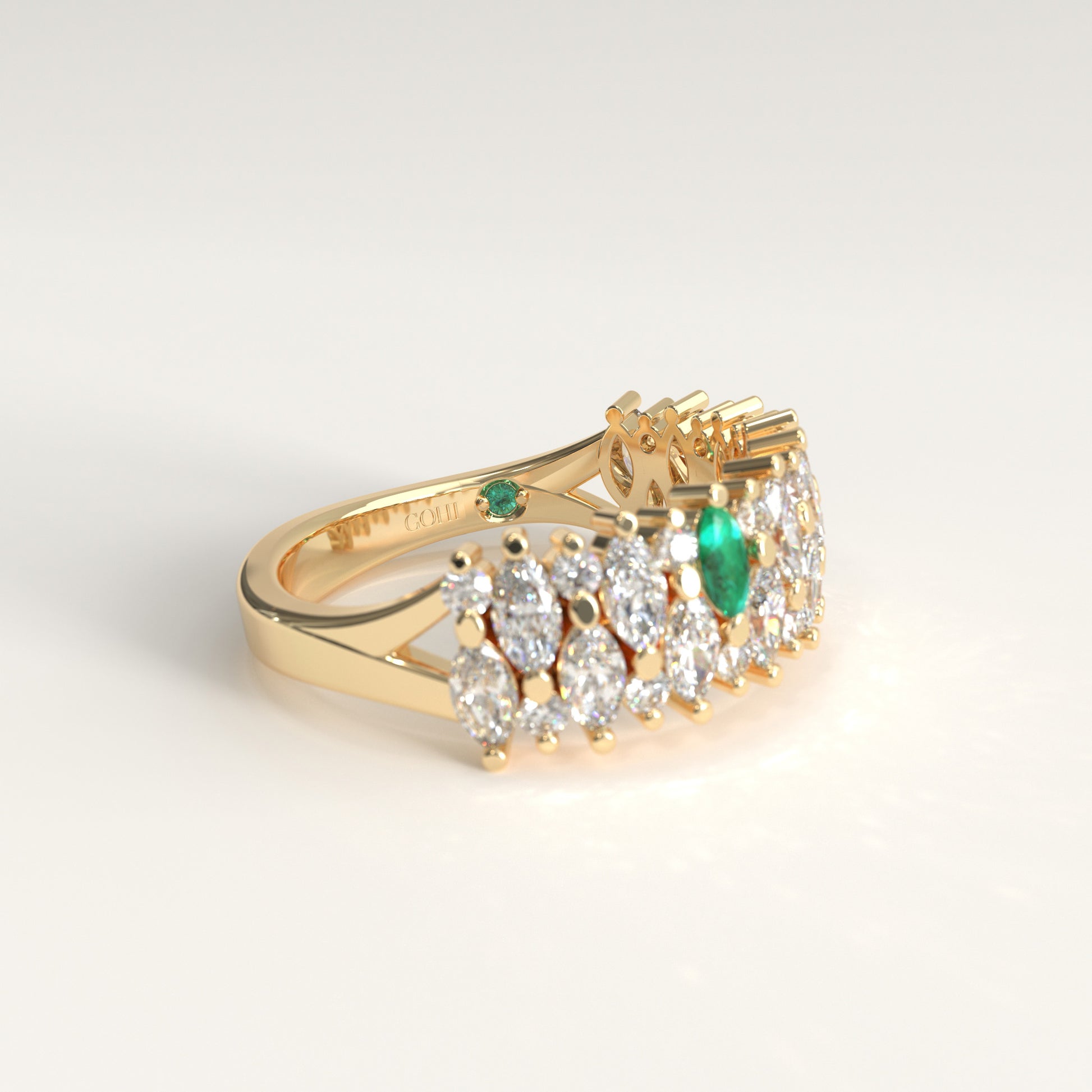 Garland Ring in 18k yellow gold — Colombian emerald and double row marquise diamond band, 1Em Collection by GOHI lat