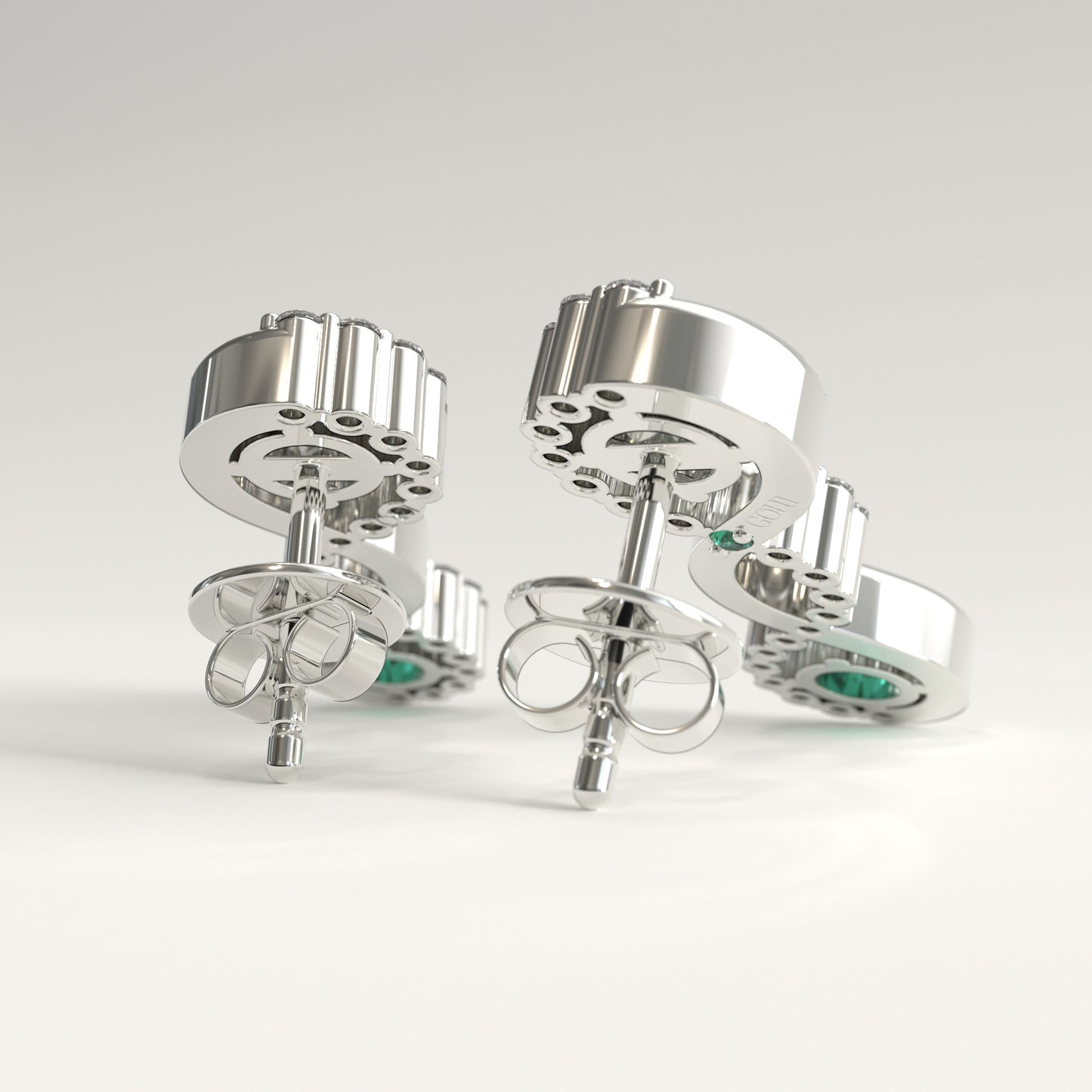 Interlude Earrings in 18k white gold — Colombian emerald and round diamond twisted drop earrings, 1Em Collection by GOHI back