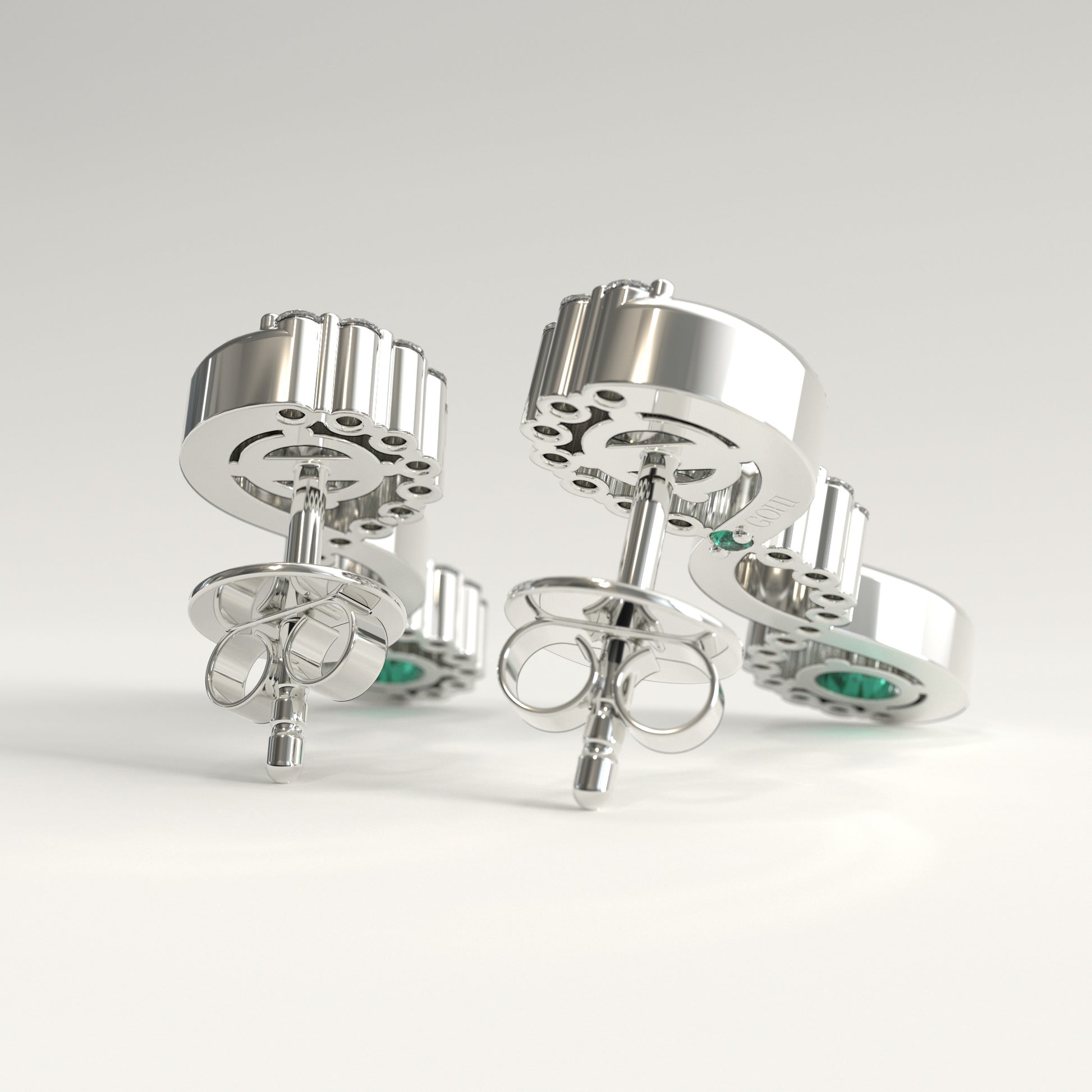 Interlude Earrings in 18k white gold — Colombian emerald and round diamond twisted drop earrings, 1Em Collection by GOHI back