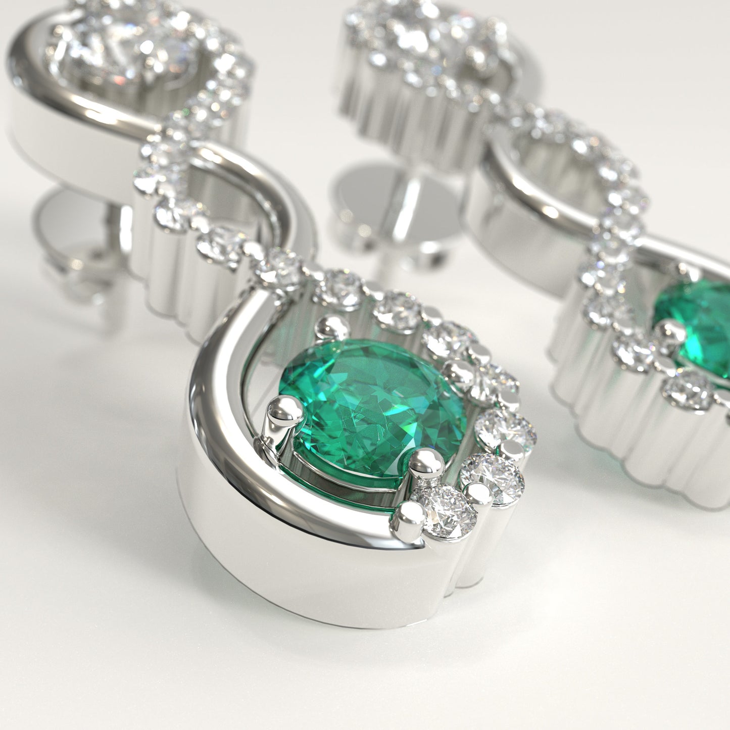 Interlude Earrings in 18k white gold — Colombian emerald and round diamond twisted drop earrings, 1Em Collection by GOHI zoom