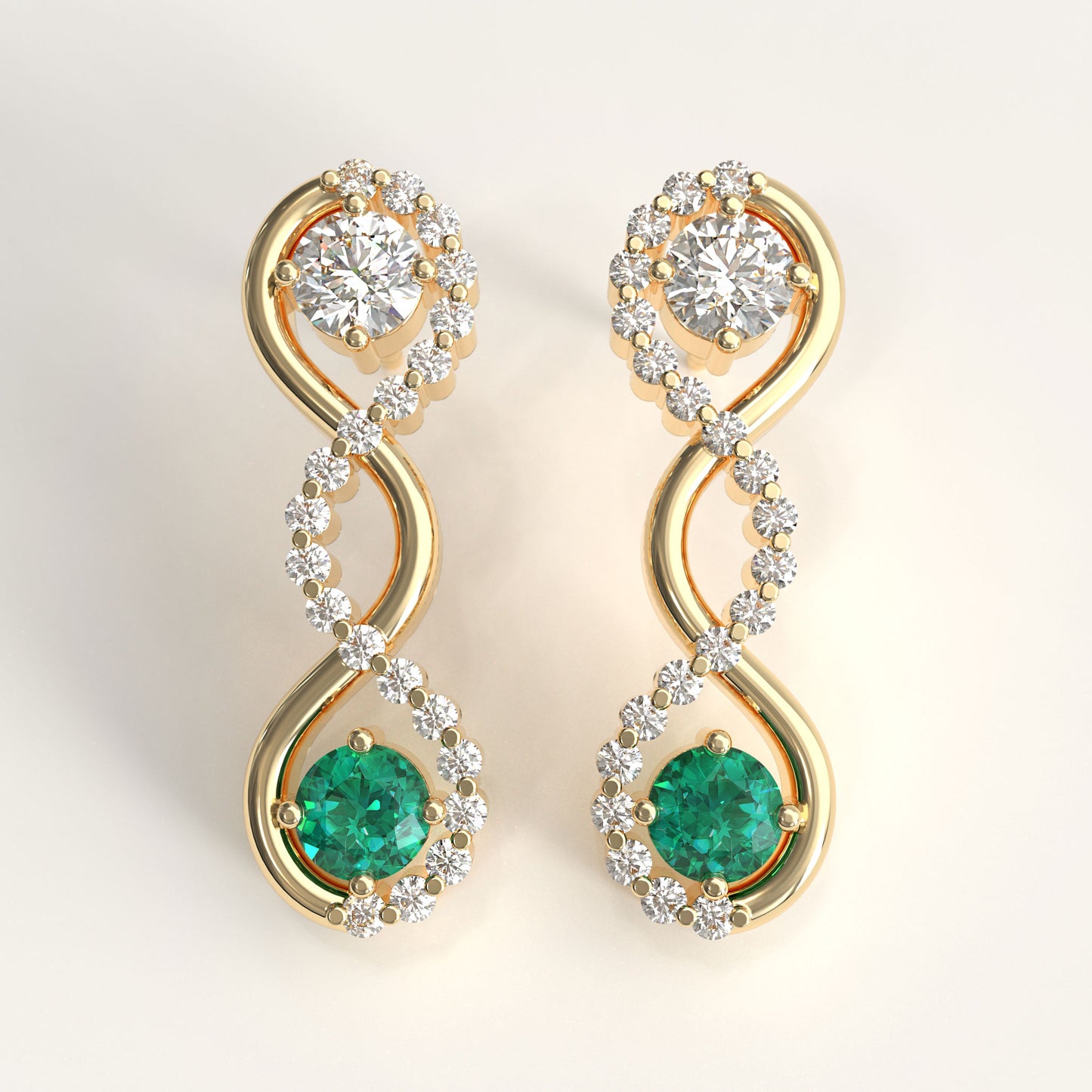 Interlude Earrings in 18k yellow gold — Colombian emerald and round diamond twisted drop earrings, 1Em Collection by GOHI