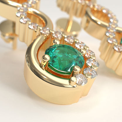 Interlude Earrings in 18k yellow gold — Colombian emerald and round diamond twisted drop earrings, 1Em Collection by GOHI zoom