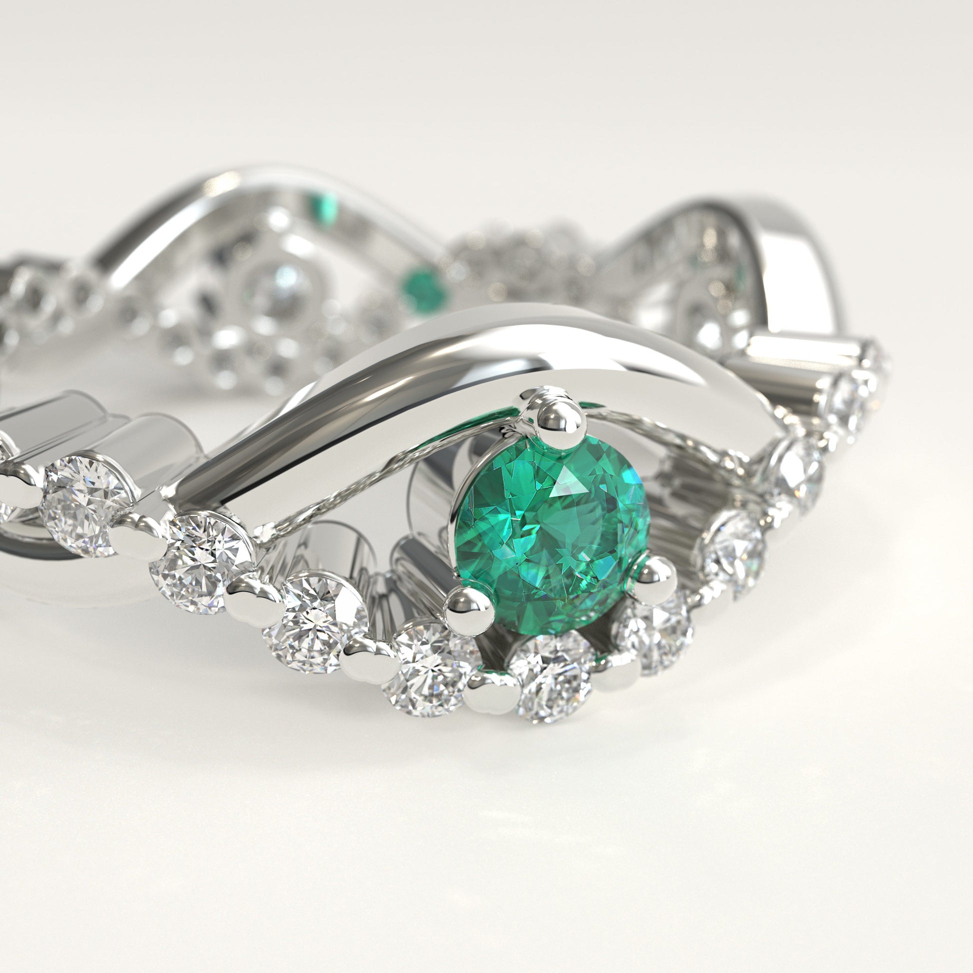Interlude Ring in 18k white gold — Colombian emerald and twisted diamond band, 1Em Collection by GOHI zoom