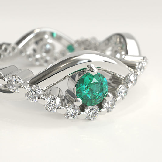 Interlude Ring in 18k white gold — Colombian emerald and twisted diamond band, 1Em Collection by GOHI zoom