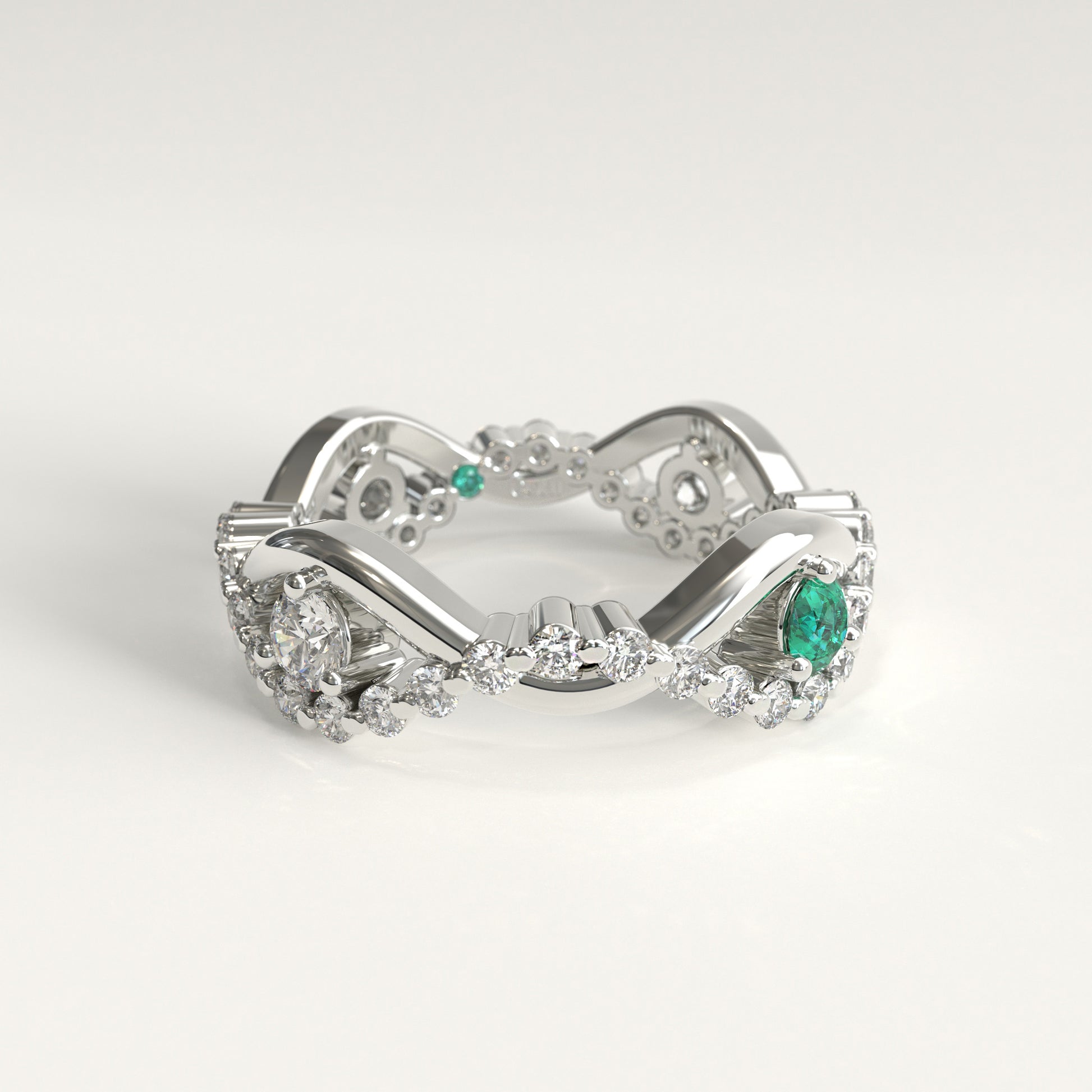 Interlude Ring in 18k white gold — Colombian emerald and twisted diamond band, 1Em Collection by GOHI