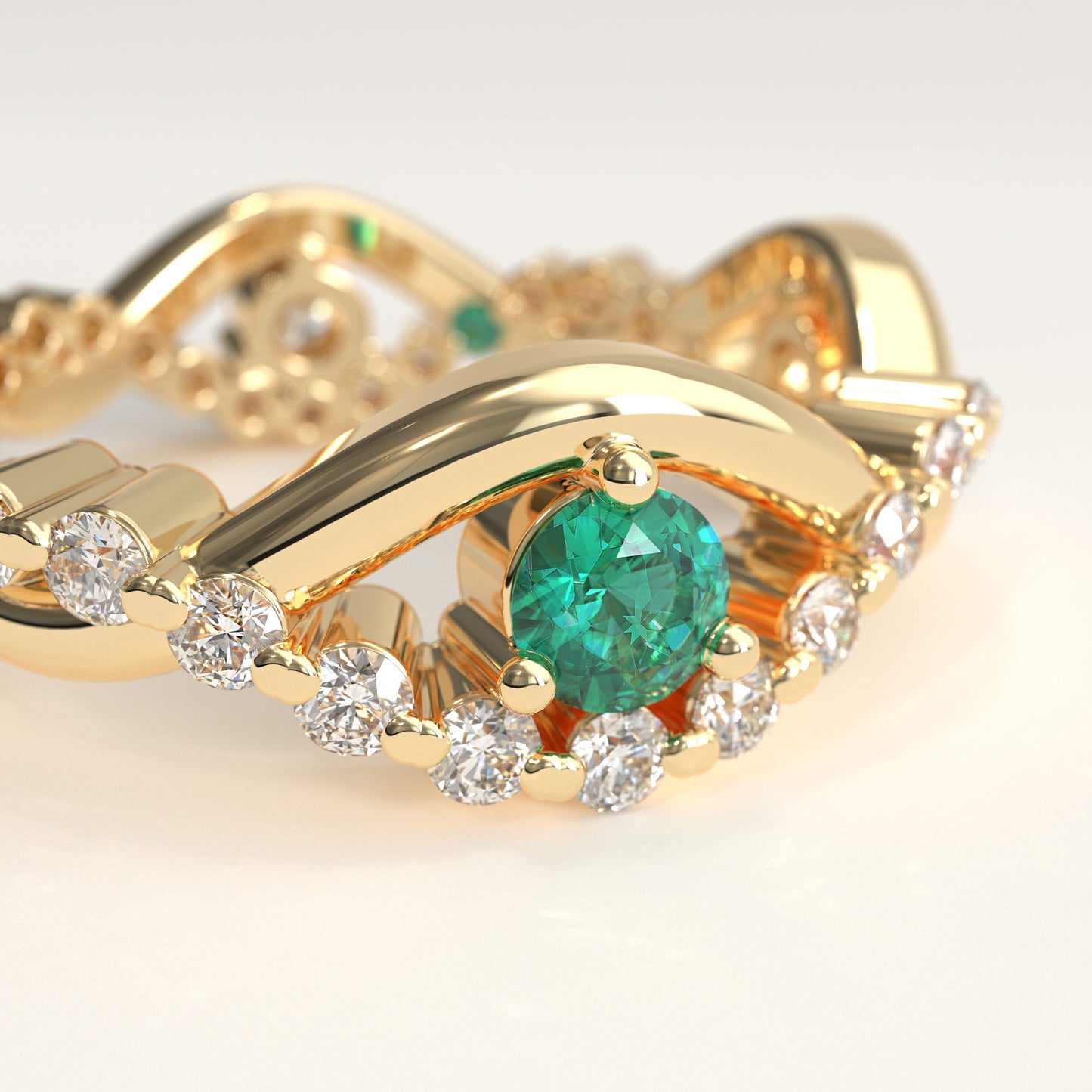 Interlude Ring in 18k yellow gold — Colombian emerald and twisted diamond band, 1Em Collection by GOHI zoom