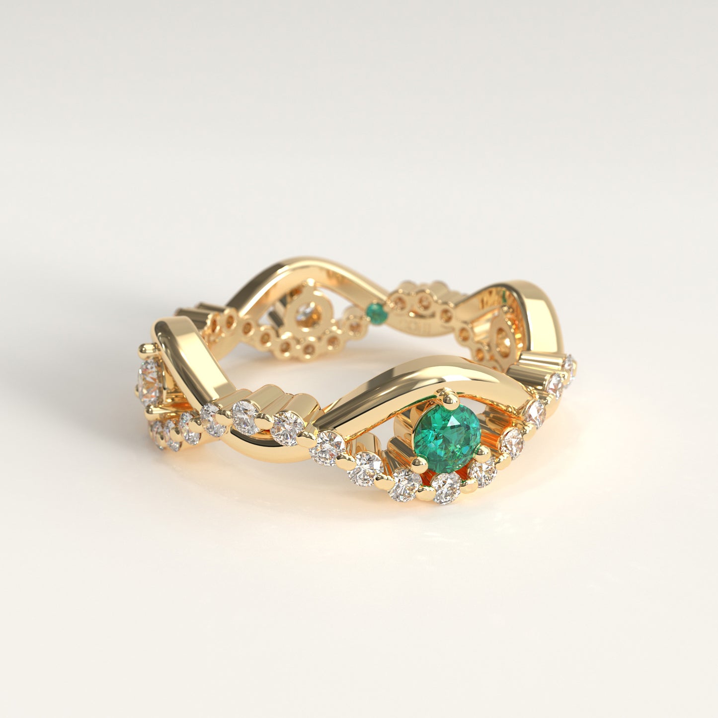 Interlude Ring in 18k yellow gold — Colombian emerald and twisted diamond band, 1Em Collection by GOHI