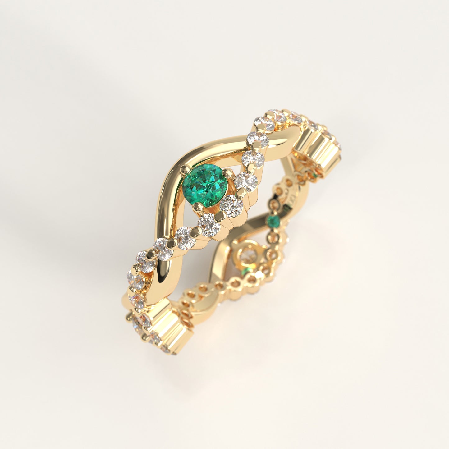 Interlude Ring in 18k yellow gold — Colombian emerald and twisted diamond band, 1Em Collection by GOHI stand