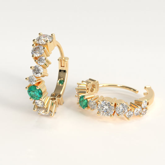 Meridian Earrings in 18k yellow gold — Colombian emerald and graduated round diamond hoop earrings, 1Em Collection by GOHI