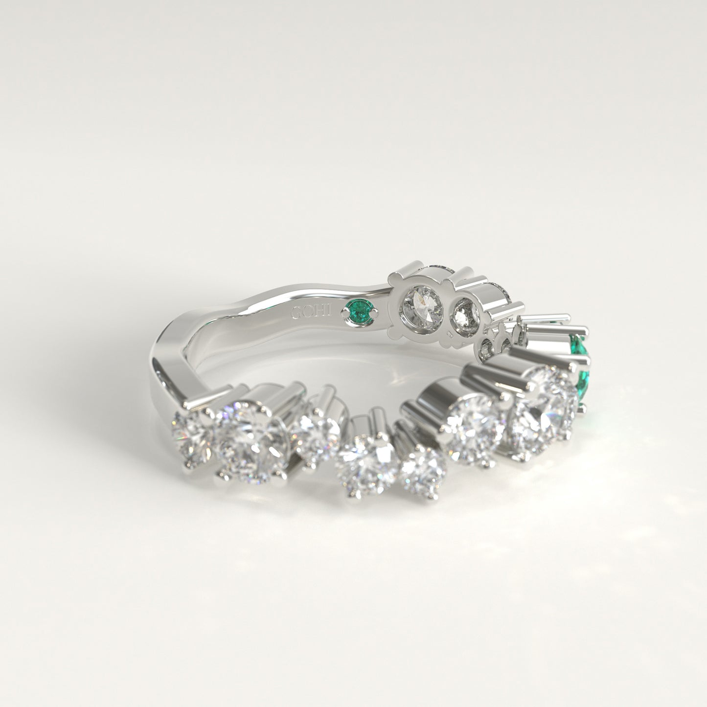 Meridian Ring in 18k white gold — Colombian emerald and graduated round diamond band, 1Em Collection by GOHI lateral