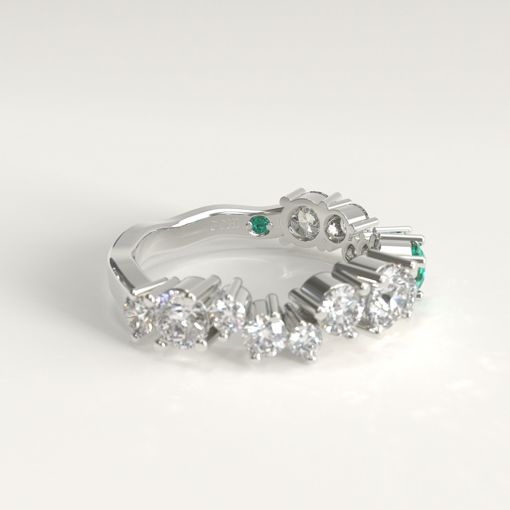 Meridian Ring in 18k white gold — Colombian emerald and graduated round diamond band, 1Em Collection by GOHI lateral