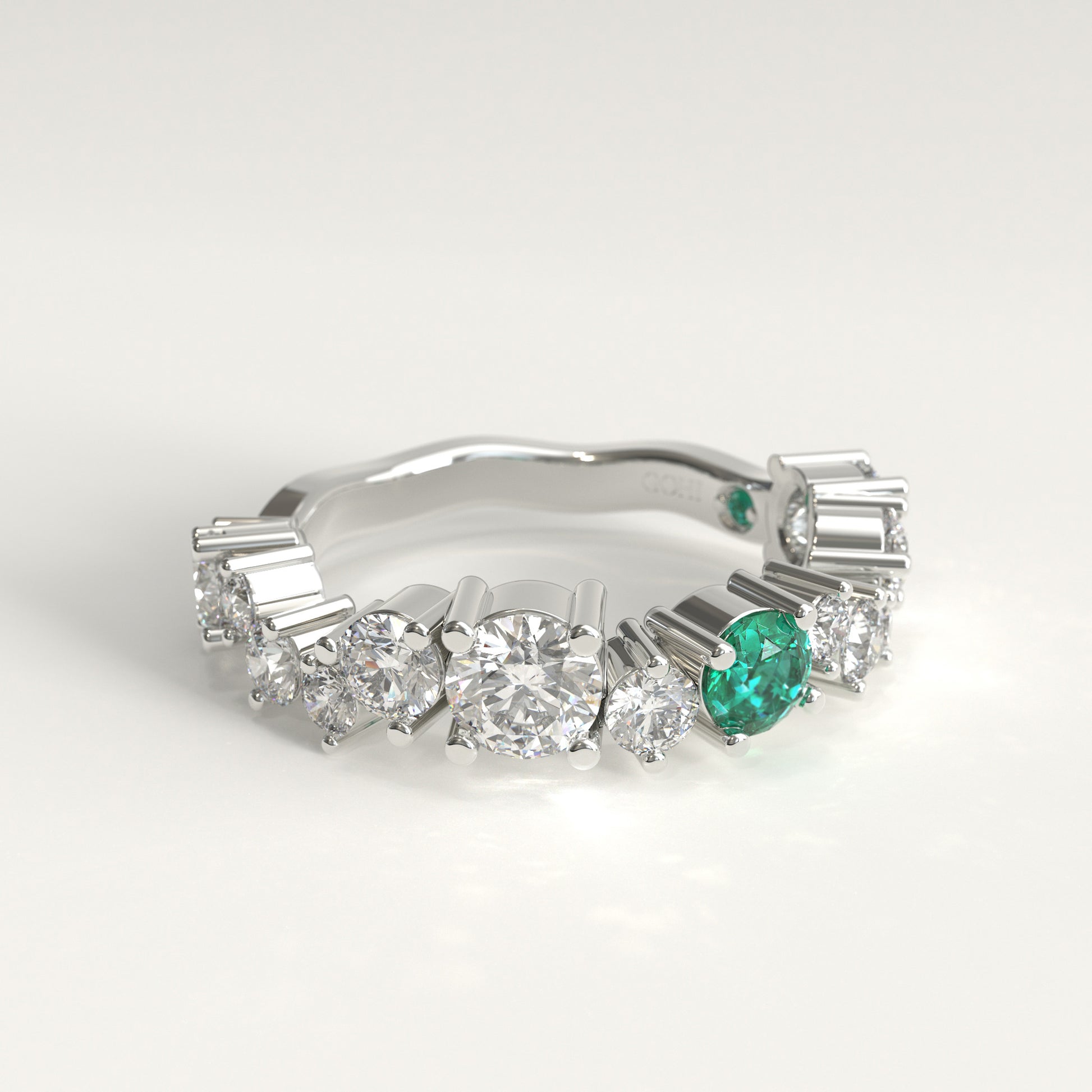 Meridian Ring in 18k white gold — Colombian emerald and graduated round diamond band, 1Em Collection by GOHI