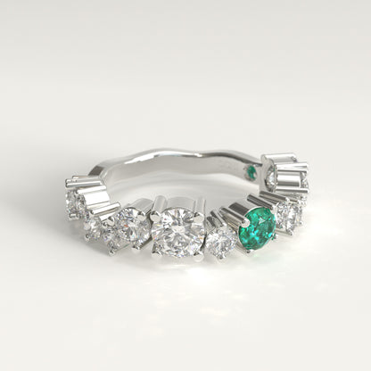 Meridian Ring in 18k white gold — Colombian emerald and graduated round diamond band, 1Em Collection by GOHI