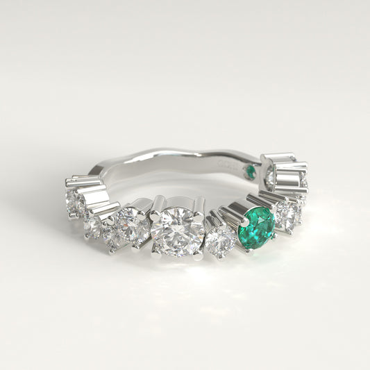 Meridian Ring in 18k white gold — Colombian emerald and graduated round diamond band, 1Em Collection by GOHI