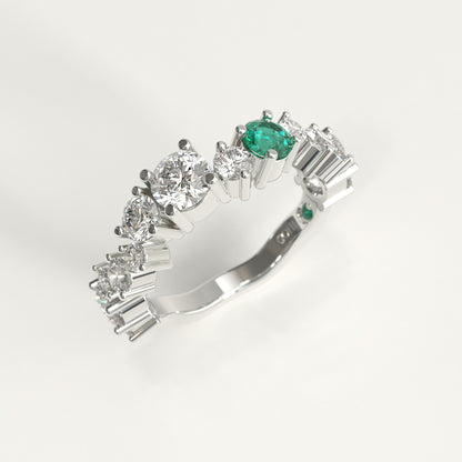 Meridian Ring in 18k white gold — Colombian emerald and graduated round diamond band, 1Em Collection by GOHI stand